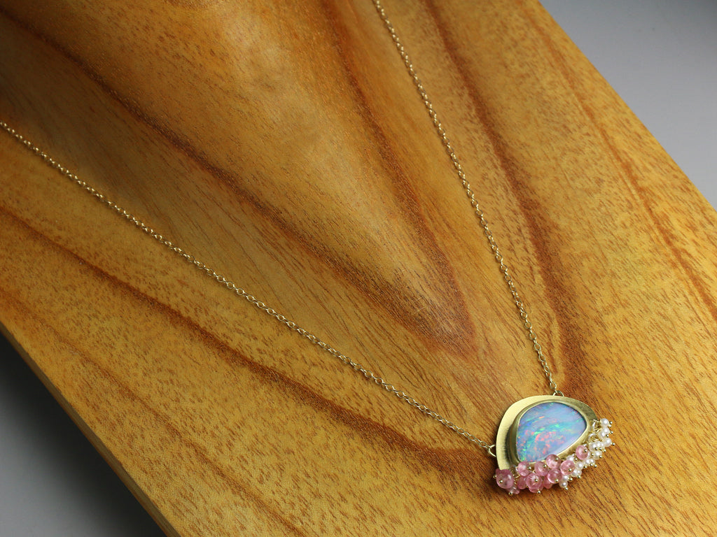 Sold - Opal Pendant with Pink Tourmaline and Pearl Fringe - Wendy Stauffer of Fuss Jewelry