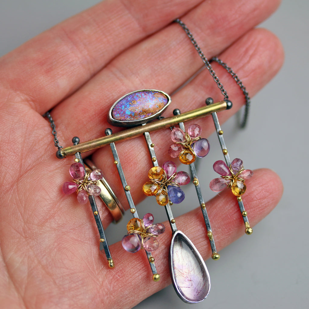 Flowers on a Trellis . Boulder Opal Necklace. Pink Tourmaline . Spessartite Garnet . - Wendy Stauffer of Fuss Jewelry