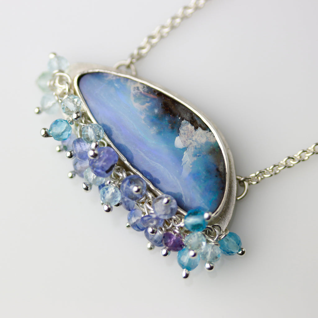 SOLD  Blue Skies and Fluffy Clouds Boulder Opal with Fringe - Wendy Stauffer of Fuss Jewelry