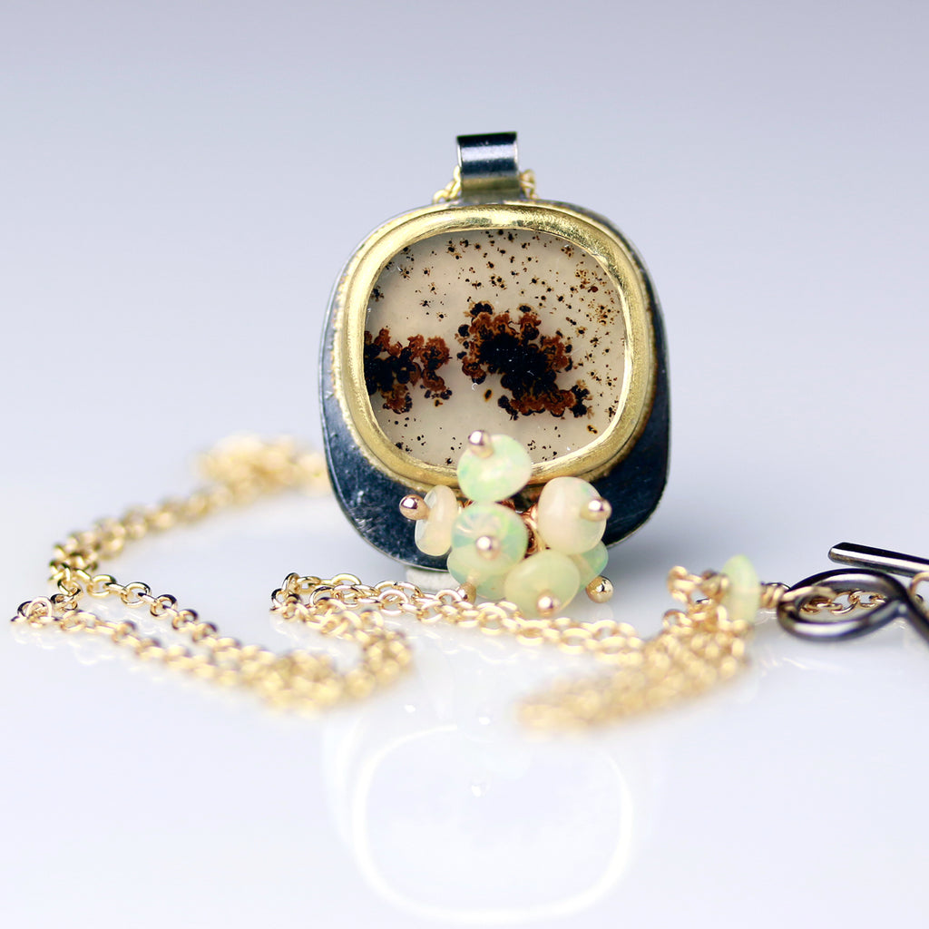 Square Dendritic Agate with Opal Cluster and 14k Gold Chain - Wendy Stauffer of Fuss Jewelry