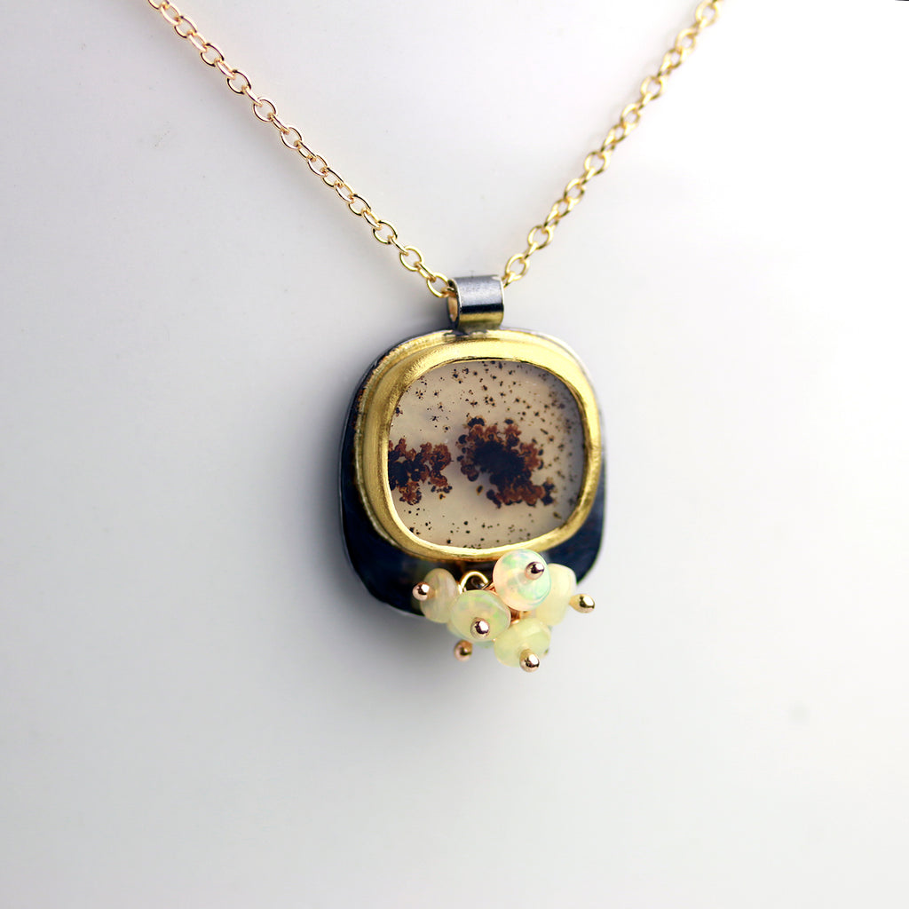 Square Dendritic Agate with Opal Cluster and 14k Gold Chain - Wendy Stauffer of Fuss Jewelry