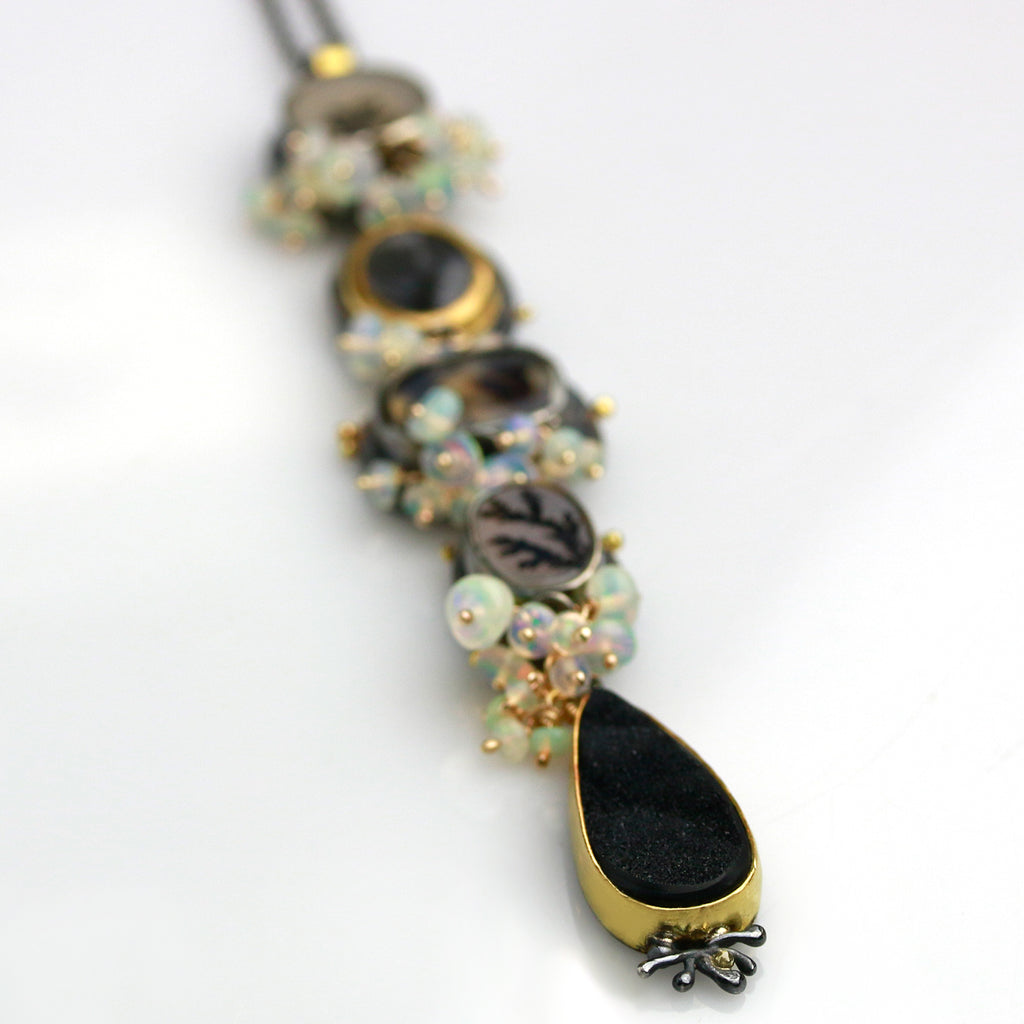 Dendritic Column with Opal Clusters and Black Druzy - Wendy Stauffer of Fuss Jewelry