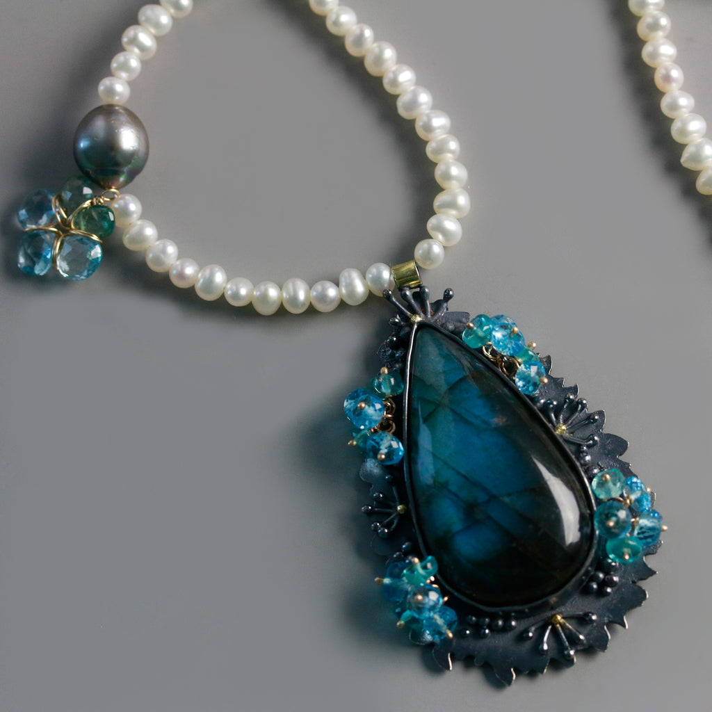 Sprout Edged Labradorite with Blue Topaz Clusters on a Pearl Strand - Wendy Stauffer of Fuss Jewelry