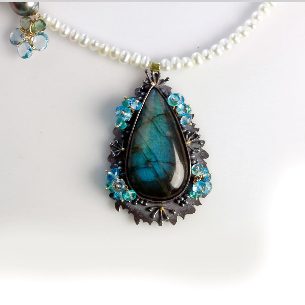 Sprout Edged Labradorite with Blue Topaz Clusters on a Pearl Strand - Wendy Stauffer of Fuss Jewelry