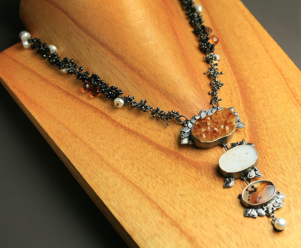 Sold - Citrine Druzy, Montana Moss Agate and Pearls - Wendy Stauffer of Fuss Jewelry