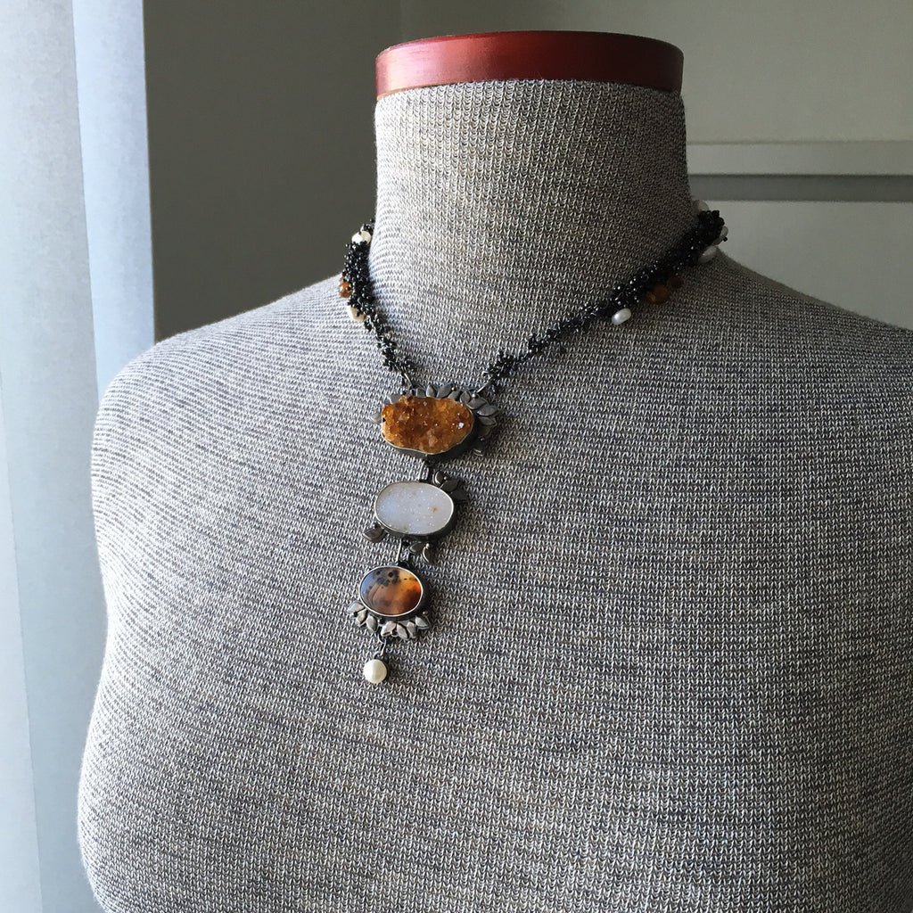 Sold - Citrine Druzy, Montana Moss Agate and Pearls - Wendy Stauffer of Fuss Jewelry