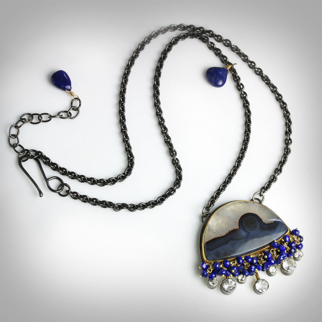 SOLD Brazilian Agate Landscape Necklace with White Topaz Rays and Lapis Fringe - Wendy Stauffer of Fuss Jewelry