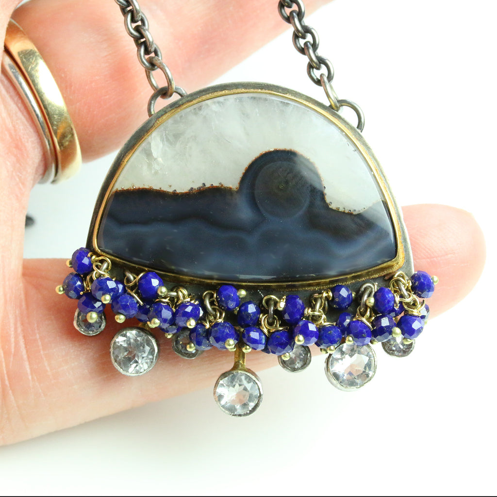 SOLD Brazilian Agate Landscape Necklace with White Topaz Rays and Lapis Fringe - Wendy Stauffer of Fuss Jewelry