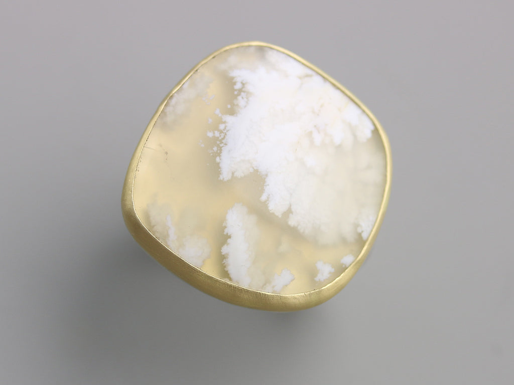 Sold! Snow in Summer . White Plume Agate Statement Ring on Swirled Band . 22k Gold and Silver . US size 7.5 . - Wendy Stauffer of Fuss Jewelry