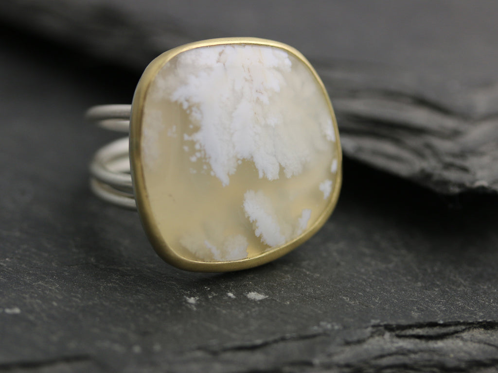 Sold! Snow in Summer . White Plume Agate Statement Ring on Swirled Band . 22k Gold and Silver . US size 7.5 . - Wendy Stauffer of Fuss Jewelry