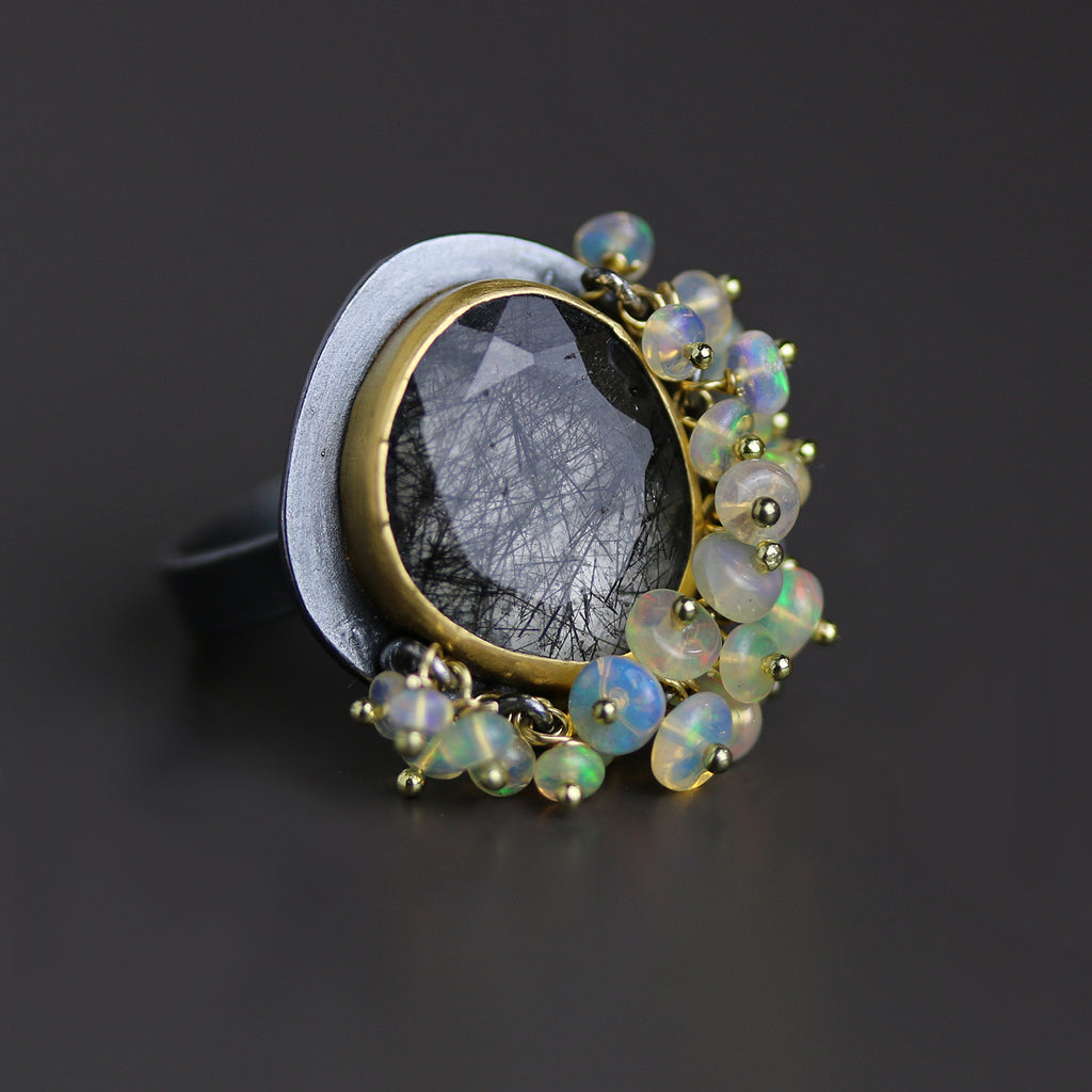 Black Rutilated Quartz with Ethiopian Opal Fringe Ring. Size 6 1/2. - Wendy Stauffer of Fuss Jewelry