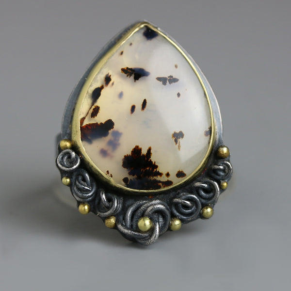 Sold Montana Moss Agate with French Knot Edging Ring - Wendy Stauffer of Fuss Jewelry