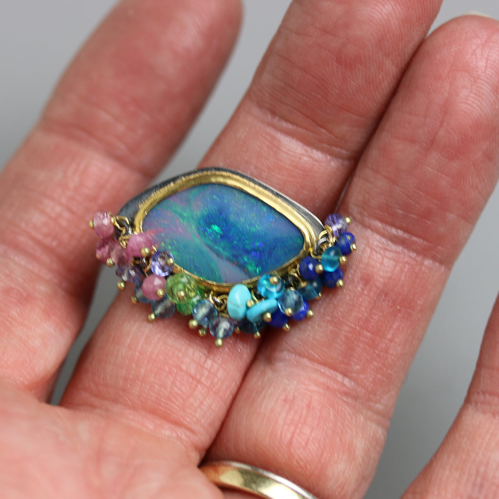 SOLD Opal Ring with Gemstone Fringe. 22k and Oxidized Silver. Size 12 1/2. - Wendy Stauffer of Fuss Jewelry