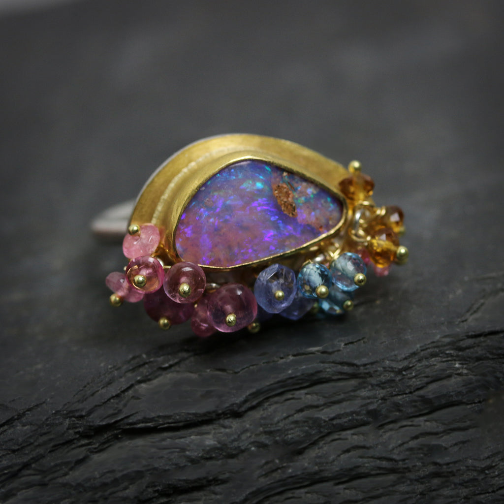 SOLD  Boulder Opal, Wood Fossil Ring with Fringe, Size 7. - Wendy Stauffer of Fuss Jewelry