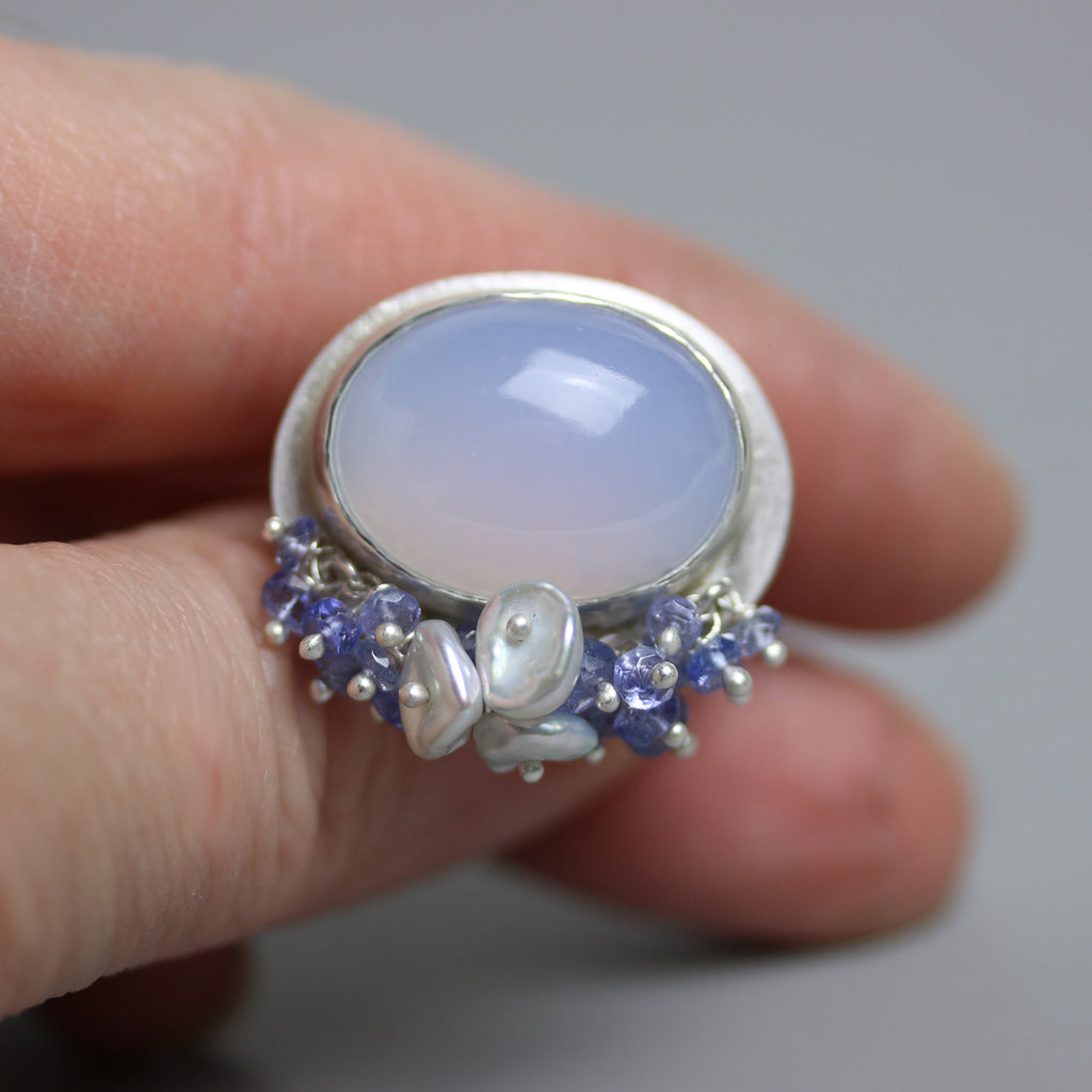 SOLD - Natural Blue Chalcedony with Tanzanite and Pearl Fringe. Size 8 1/4. - Wendy Stauffer of Fuss Jewelry