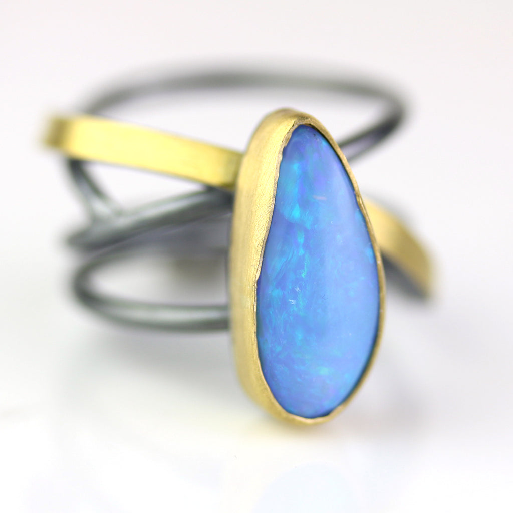 Azure Blue Opal on a Swirled Band Ring. Size 7 1/2. - Wendy Stauffer of Fuss Jewelry