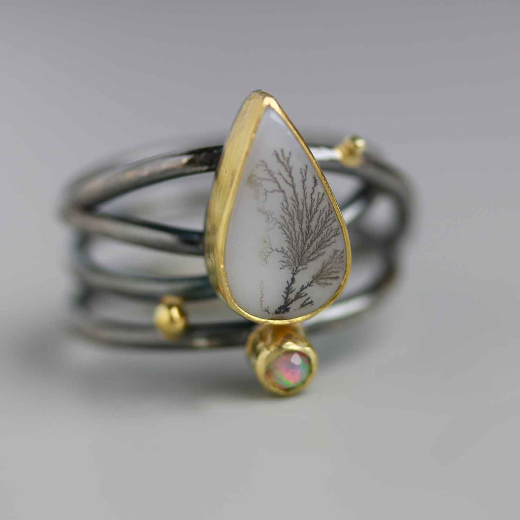 SOLD  Dendritic Agate and Opal Ring on Swirled Band - Wendy Stauffer of Fuss Jewelry