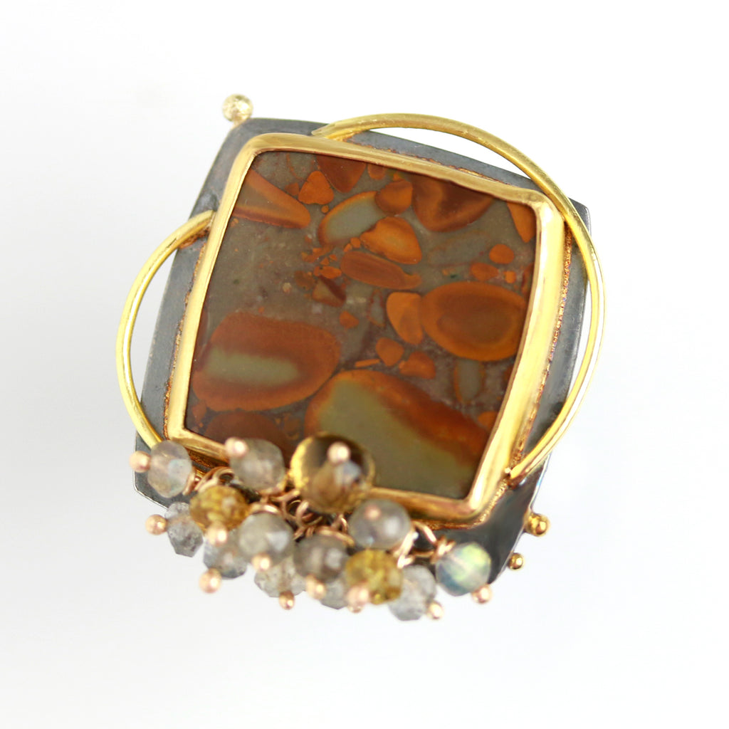 Sold! Peanut Jasper Ring with Gold Circles and Labradorite Fringe. Size 6. - Wendy Stauffer of Fuss Jewelry