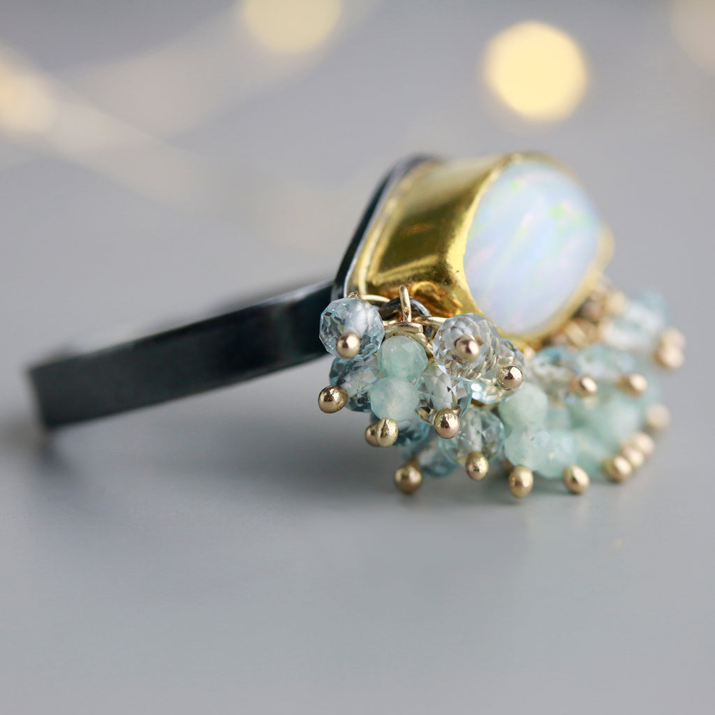 Sold — Australian Opal Ring with Topaz and Amazonite Fringe. Size 8. 22k Gold and Silver. - Wendy Stauffer of Fuss Jewelry