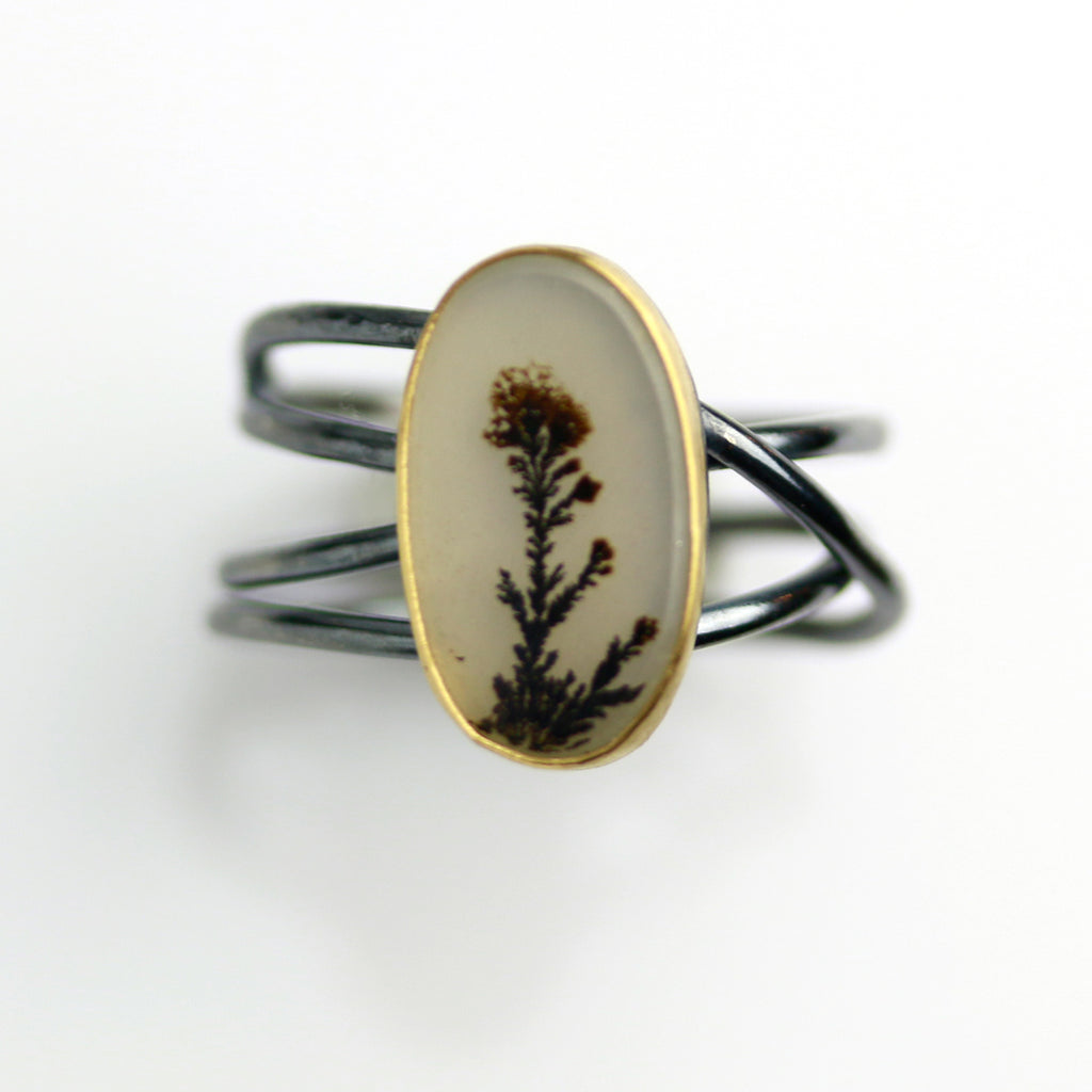Oval Dendritic Agate on Oxidized Swirled Band. Size 7 1/2. - Wendy Stauffer of Fuss Jewelry