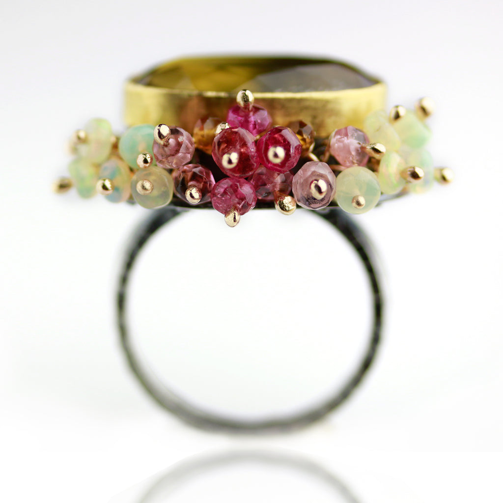 Beer Quartz with Opal and Pink Tourmaline Fringe Ring. Size 7 1/4. - Wendy Stauffer of Fuss Jewelry