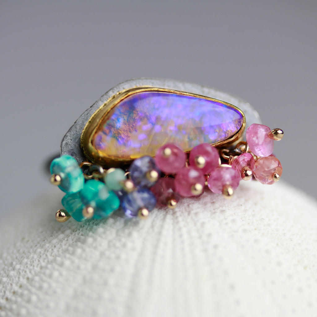 Ultra Violet Boulder Opal with Gemstone Fringe. Size 7 1/4. - Wendy Stauffer of Fuss Jewelry
