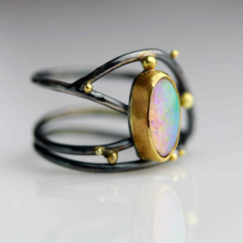 Rainbow Opal on Gold Dotted Swirled Band. Size 7. - Wendy Stauffer of Fuss Jewelry