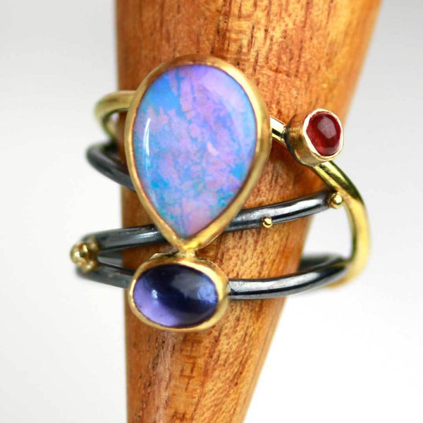 Solid Queensland Pipe Opal, Iolite and Pink Tourmaline on Swirled Band. Size 7 1/4. - Wendy Stauffer of Fuss Jewelry