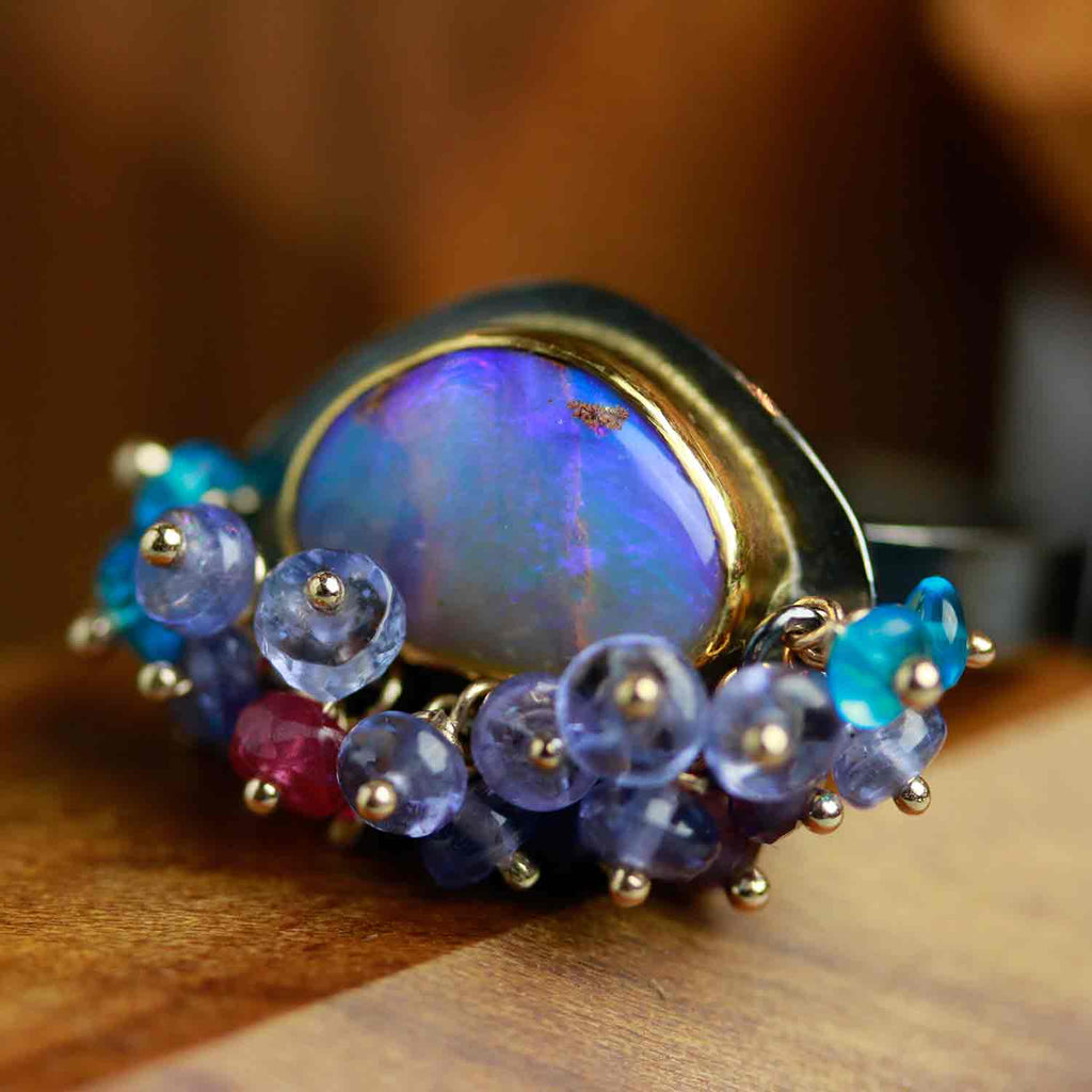 Queensland Pipe Opal with Undersea Ridges and Tanzanite Fringe. Ring Size 8 1/2. - Wendy Stauffer of Fuss Jewelry