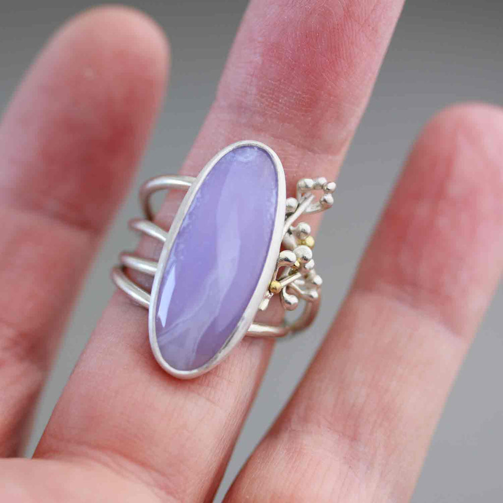 Amethyst Agate on Swirled Band w Sprouting Vines. Size 8. - Wendy Stauffer of Fuss Jewelry