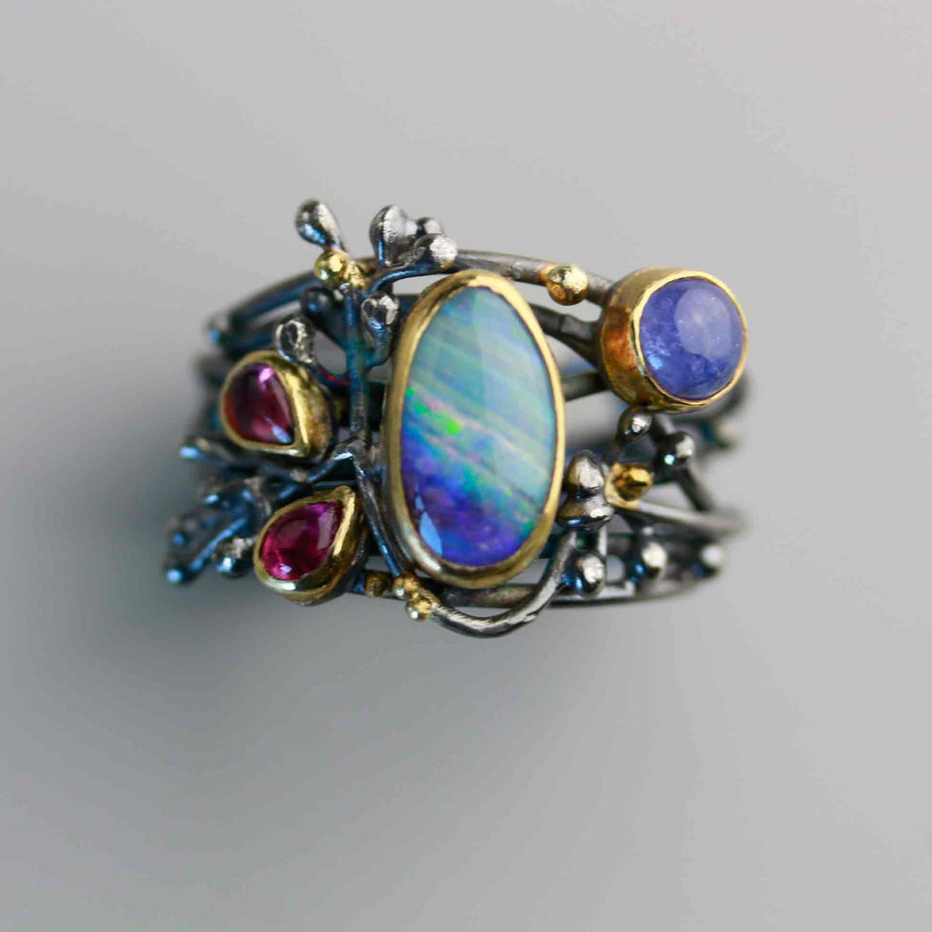 SOLD  Boulder Opal and Tangled Vines Ring 2. Tanzanite and Pink Tourmaline. Size 8 1/2. - Wendy Stauffer of Fuss Jewelry