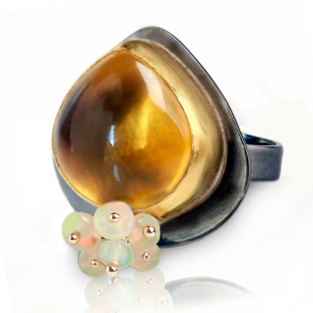 Honey Quartz Ring with Opal Fringe. Made to Order Your Size. - Wendy Stauffer of Fuss Jewelry