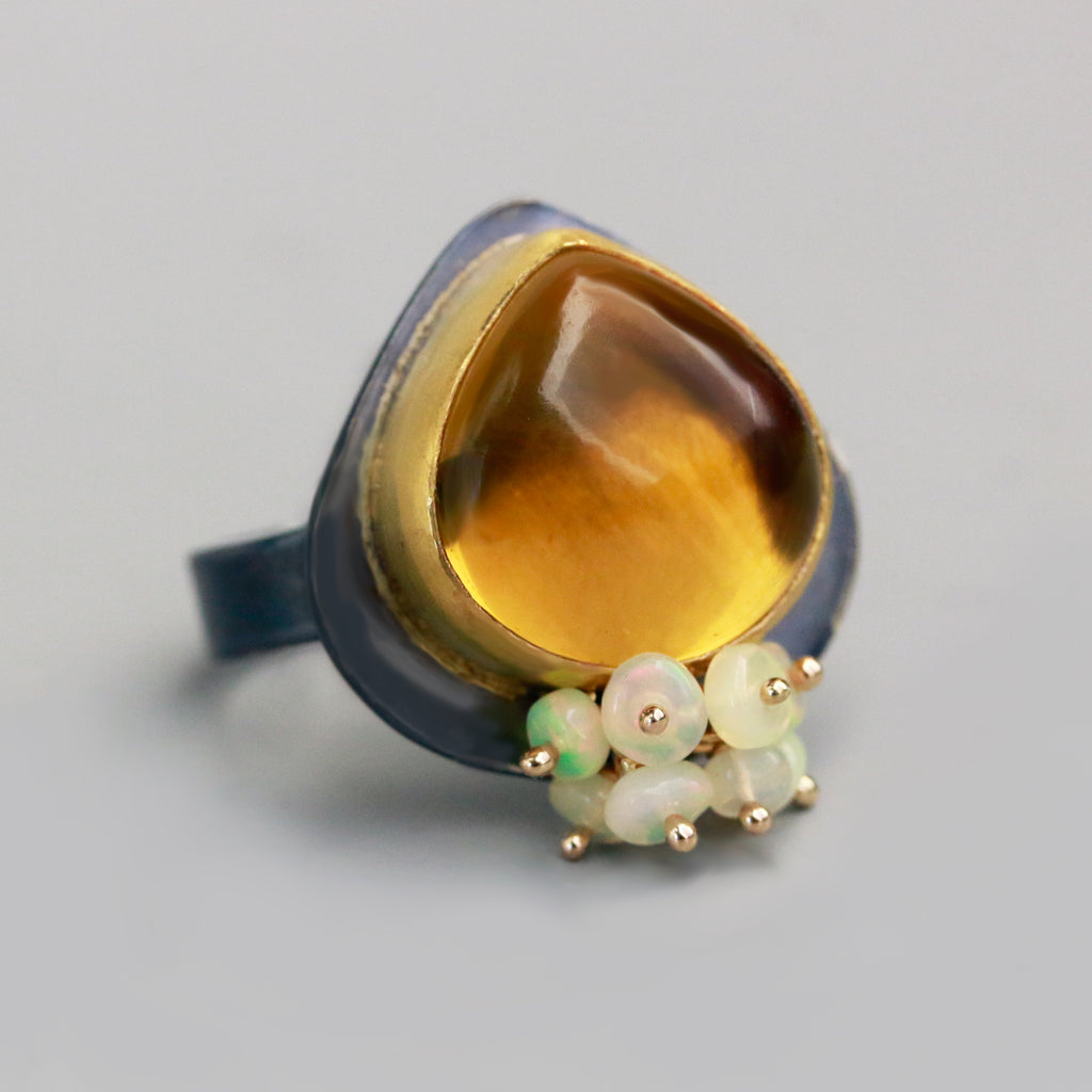 Honey Quartz Ring with Opal Fringe. Made to Order Your Size. - Wendy Stauffer of Fuss Jewelry