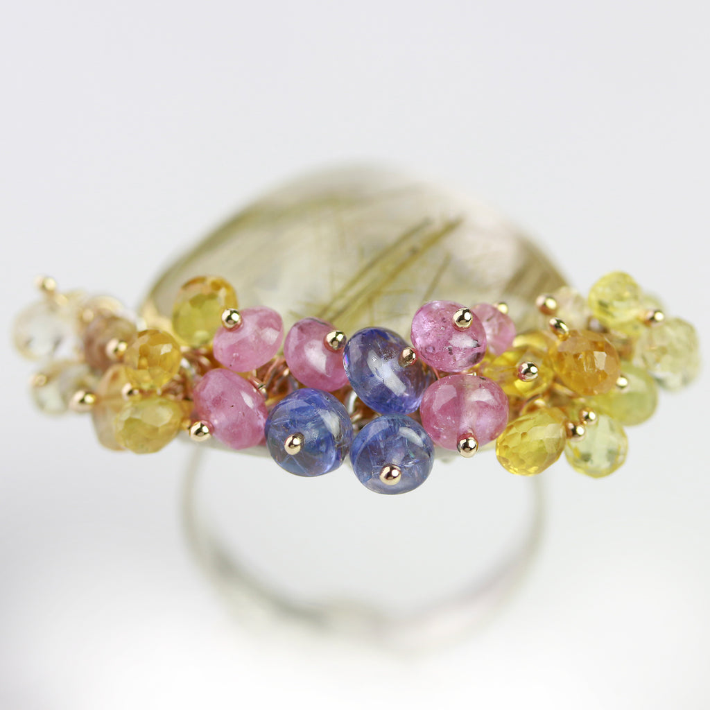 Golden Rutilated Quartz Ring with Sapphire and Tanzanite Fringe. Size 7 1/2. - Wendy Stauffer of Fuss Jewelry