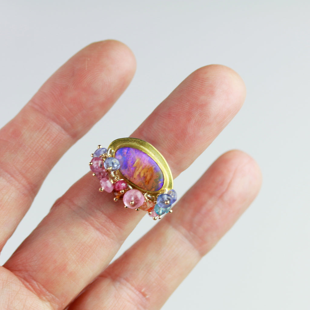 SOLD! Solid Australian Wood Opal Ring with Pink Sapphire, Tanzanite, Spessartite Garnet Fringe. Size 4 3/4 - Wendy Stauffer of Fuss Jewelry