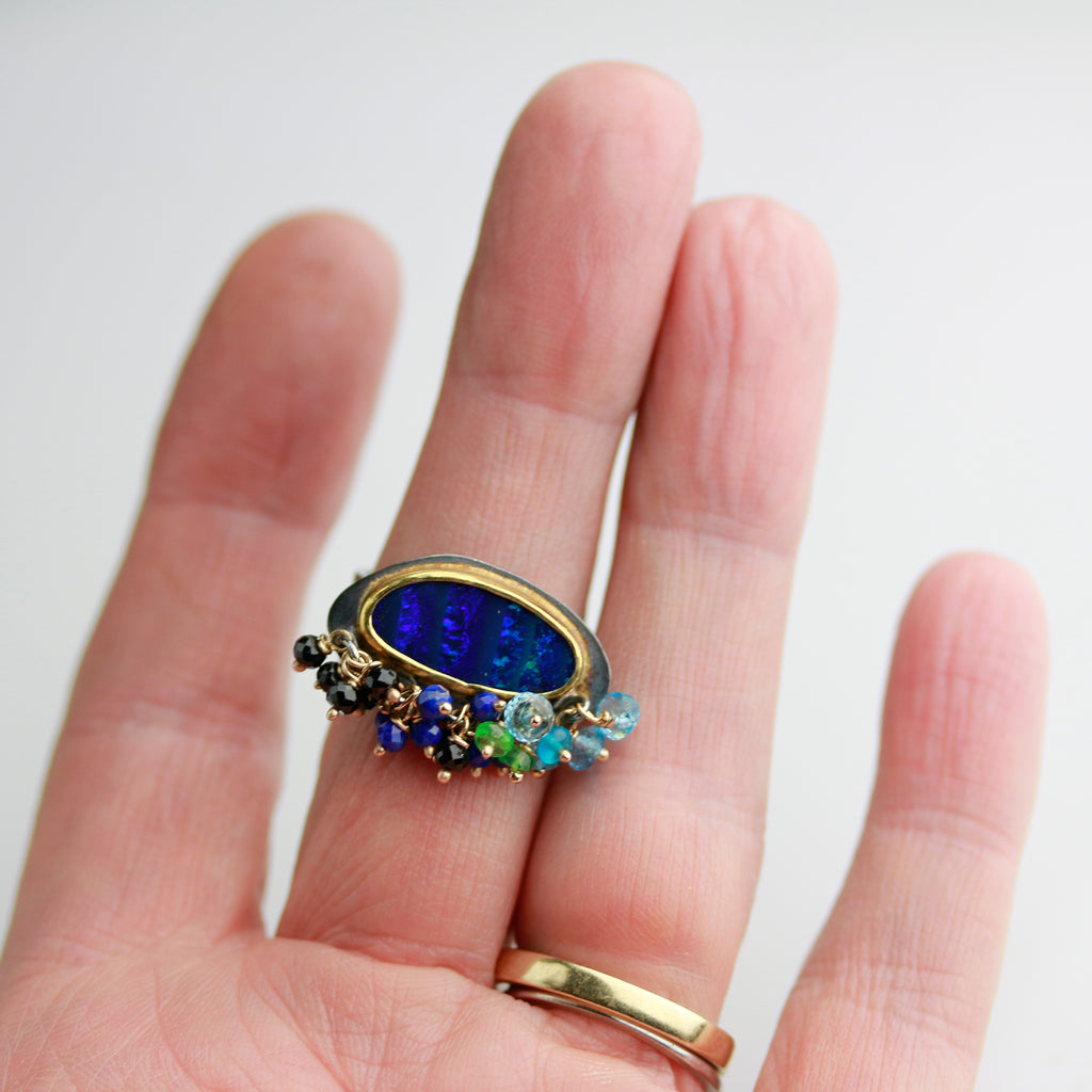 Sold. Navy Blue Striped Opal Ring with Fringe. Size 8. - Wendy Stauffer of Fuss Jewelry