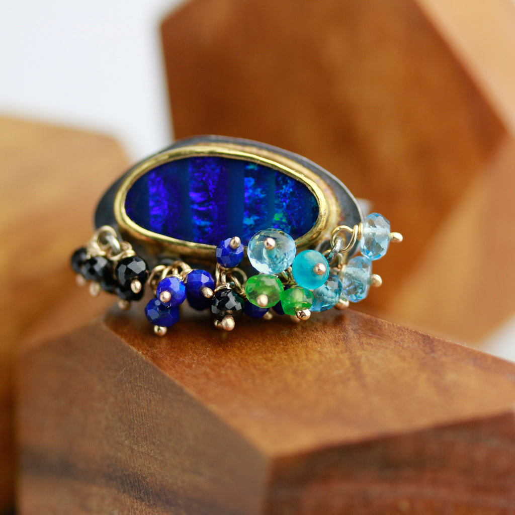 Sold. Navy Blue Striped Opal Ring with Fringe. Size 8. - Wendy Stauffer of Fuss Jewelry