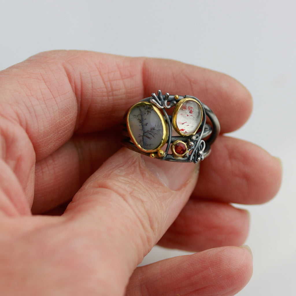 Sold! Dendritic Agate, Hematite in Quartz and Red Sapphire Tangled Vines Ring. Size 7. - Wendy Stauffer of Fuss Jewelry