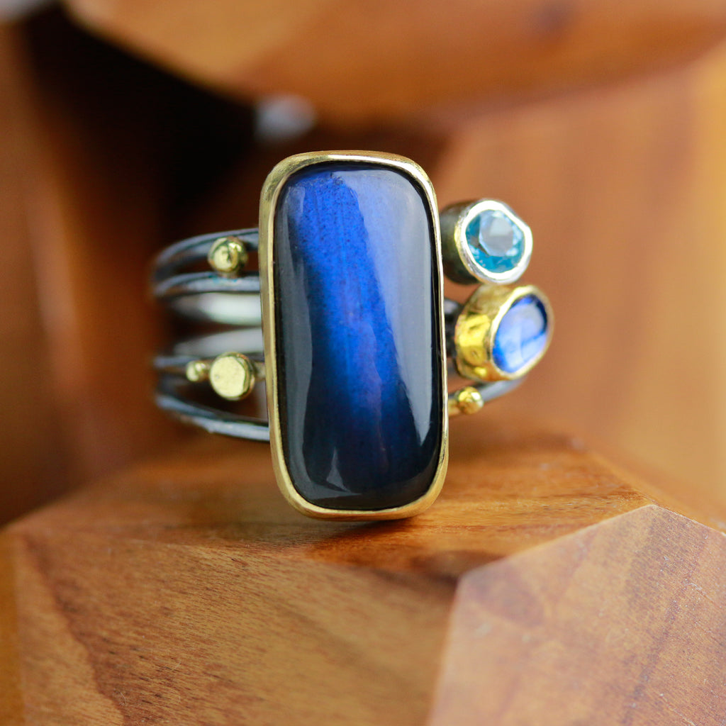 SOLD! Labradorite, Kyanite and Blue Topaz on Swirled Band Ring. Size 7 1/2. - Wendy Stauffer of Fuss Jewelry