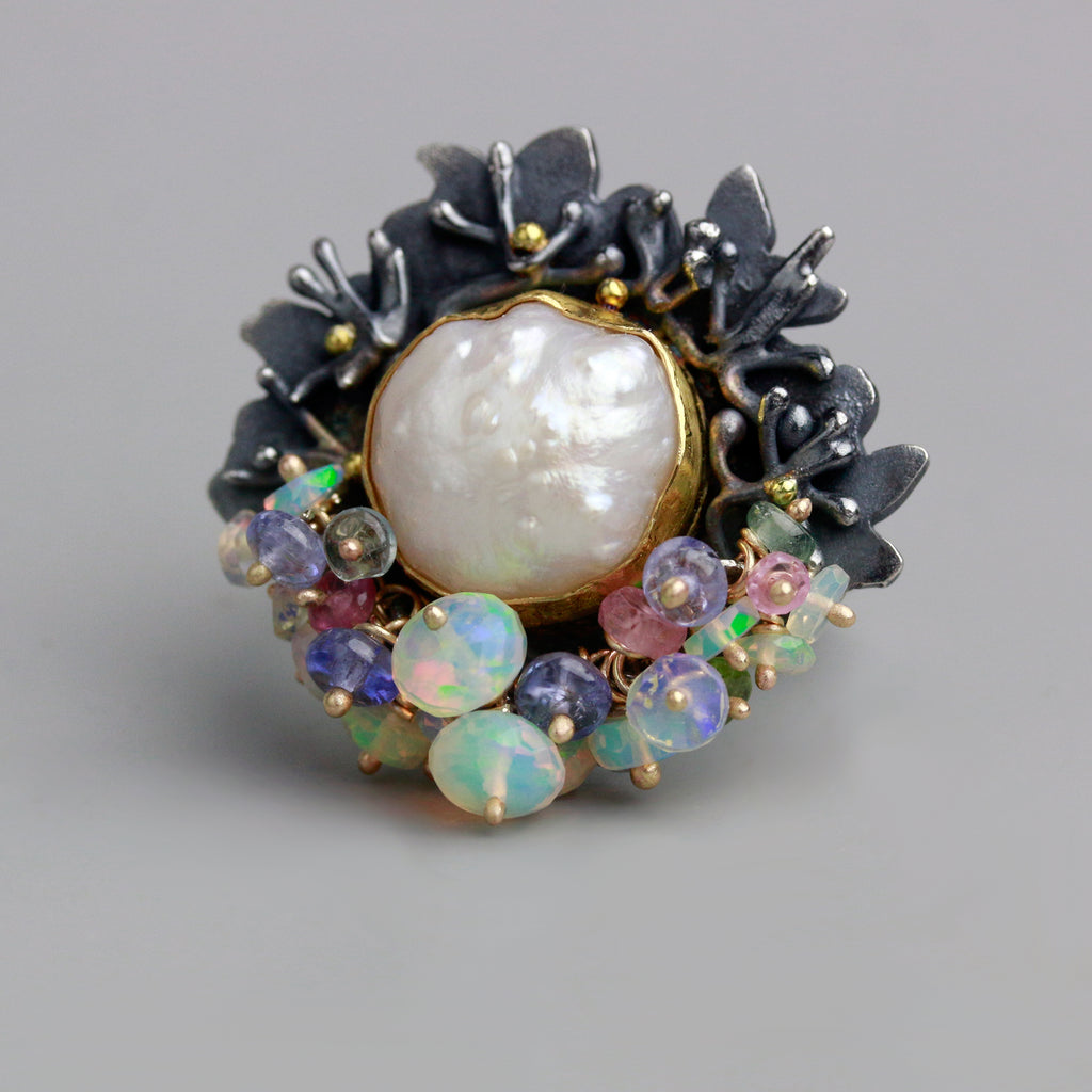 Floral Framed Rosebud Pearl and Opal Fringe Ring. Size 7. - Wendy Stauffer of Fuss Jewelry
