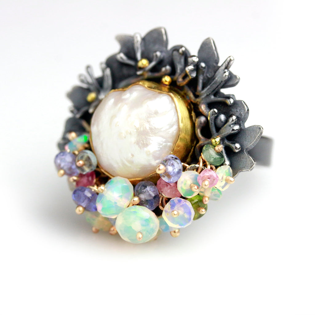 Floral Framed Rosebud Pearl and Opal Fringe Ring. Size 7. - Wendy Stauffer of Fuss Jewelry