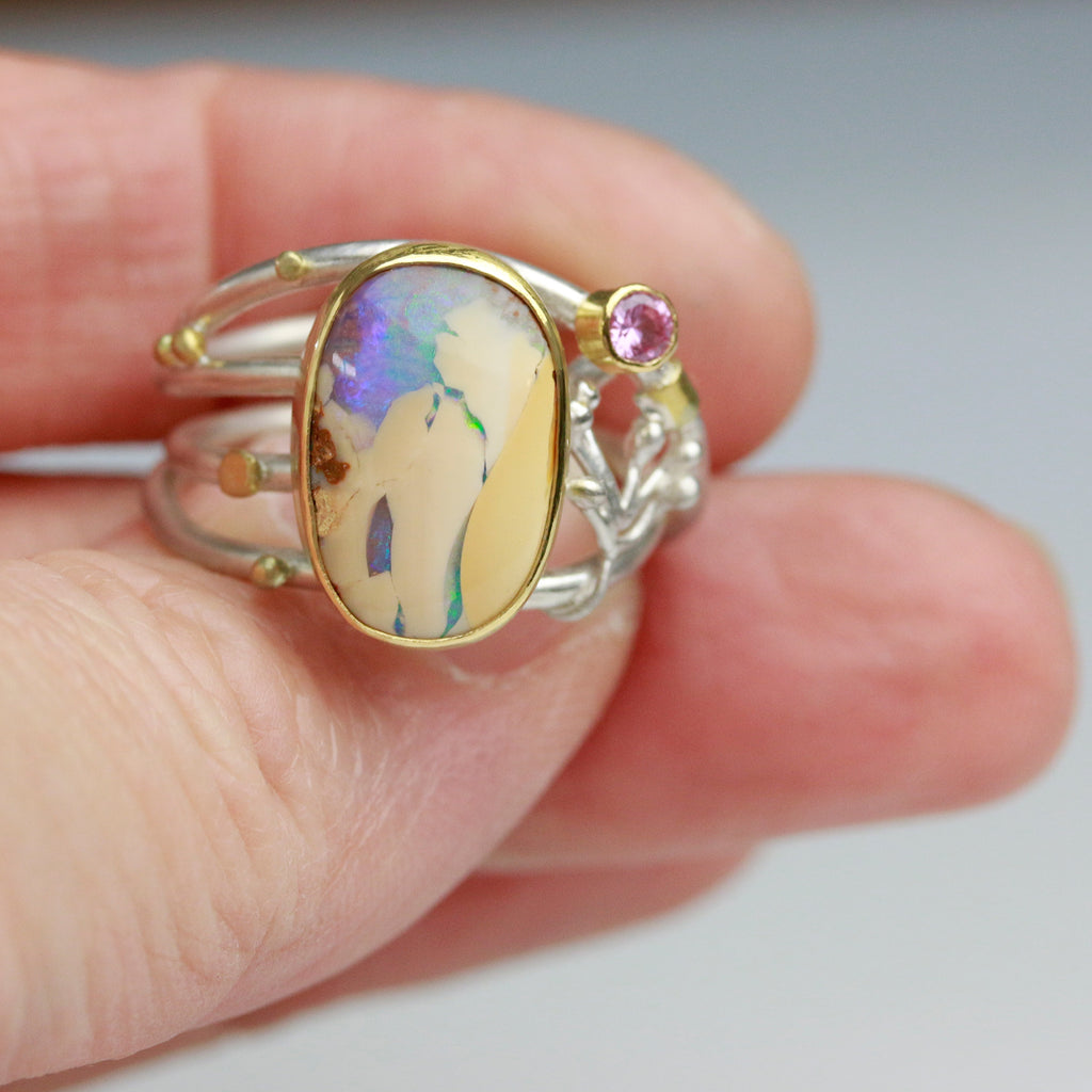 Boulder Opal and Pink Sapphire on Swirled Band Ring. Size 6 3/4. - Wendy Stauffer of Fuss Jewelry