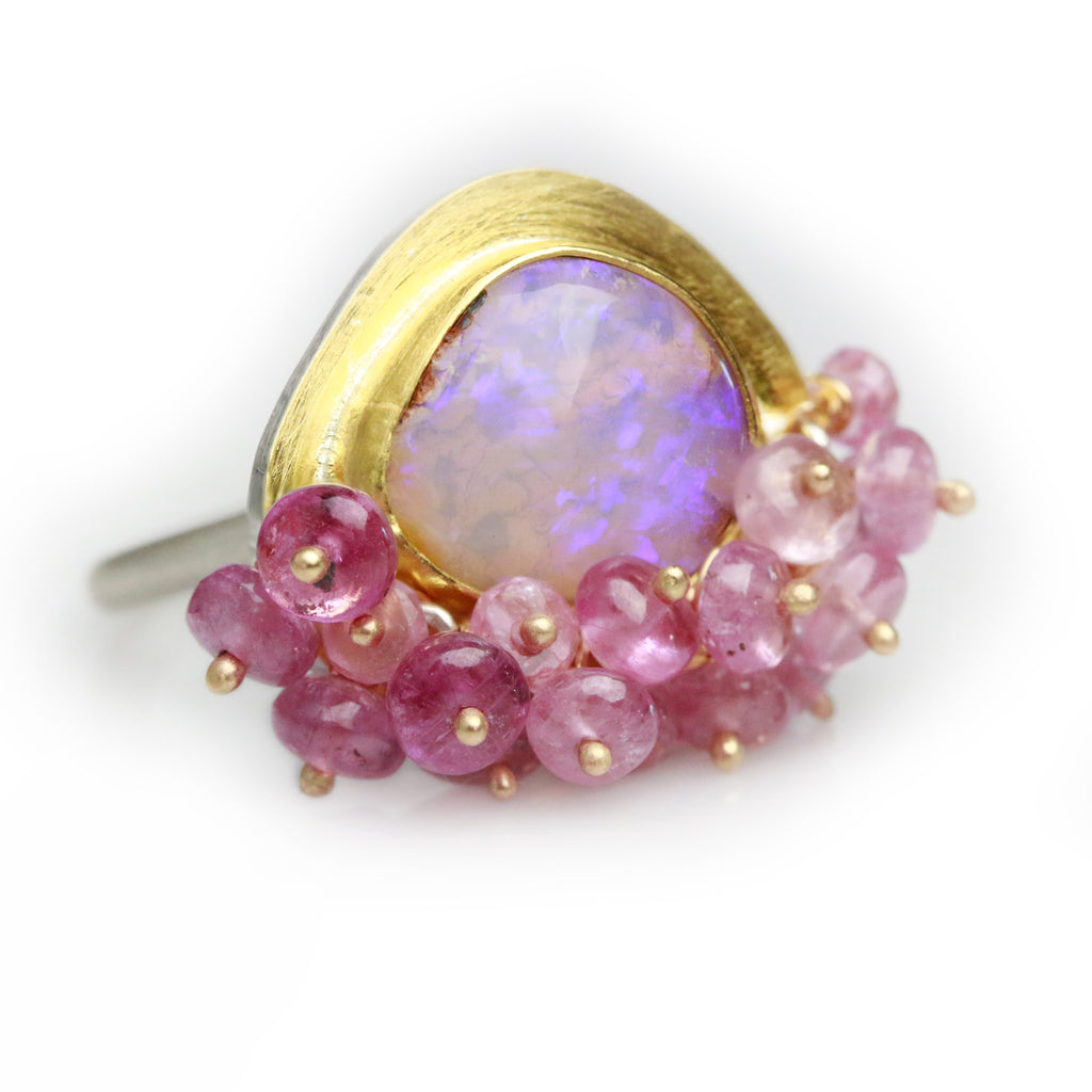 Dusty Rose and UV Flash Boulder Opal with Pink Sapphire Fringe. Size 6 1/2. - Wendy Stauffer of Fuss Jewelry