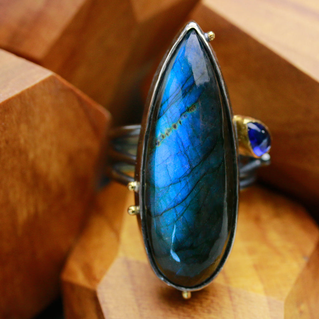 Tall Labradorite and Kyanite on Swirled Band. Size 8. - Wendy Stauffer of Fuss Jewelry